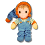 Vintage Jammie Pies 'Spunkle' doll by Playskool, circa 1986, with light brown painted-on hair and brown eyes, wearing a blue and orange hooded jumpsuit over a plaid shirt. This soft-bodied, washable cloth doll is designed as a boy doll with a Caucasian complexion, measuring 11 inches, without packaging.