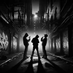 Artistic representation of Three Six Mafia members unmasking themselves in a graffiti-filled alleyway, symbolizing their impact on hip hop culture.