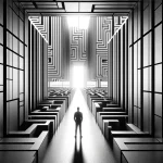 Black and white image of a person standing at the entrance of a clean, structured maze, symbolizing the journey to combat enshitification.
