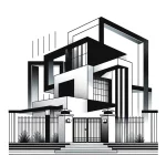 A conceptual black and white illustration of architectural annexation showing a modern structure merging with traditional elements.