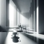A person enjoying a morning cup of coffee in a minimalist cafe with bold architectural lines.