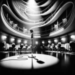 Black and white image of a jazz club interior with clean, bold lines, showcasing an empty stage with a classic microphone and softly curved walls.