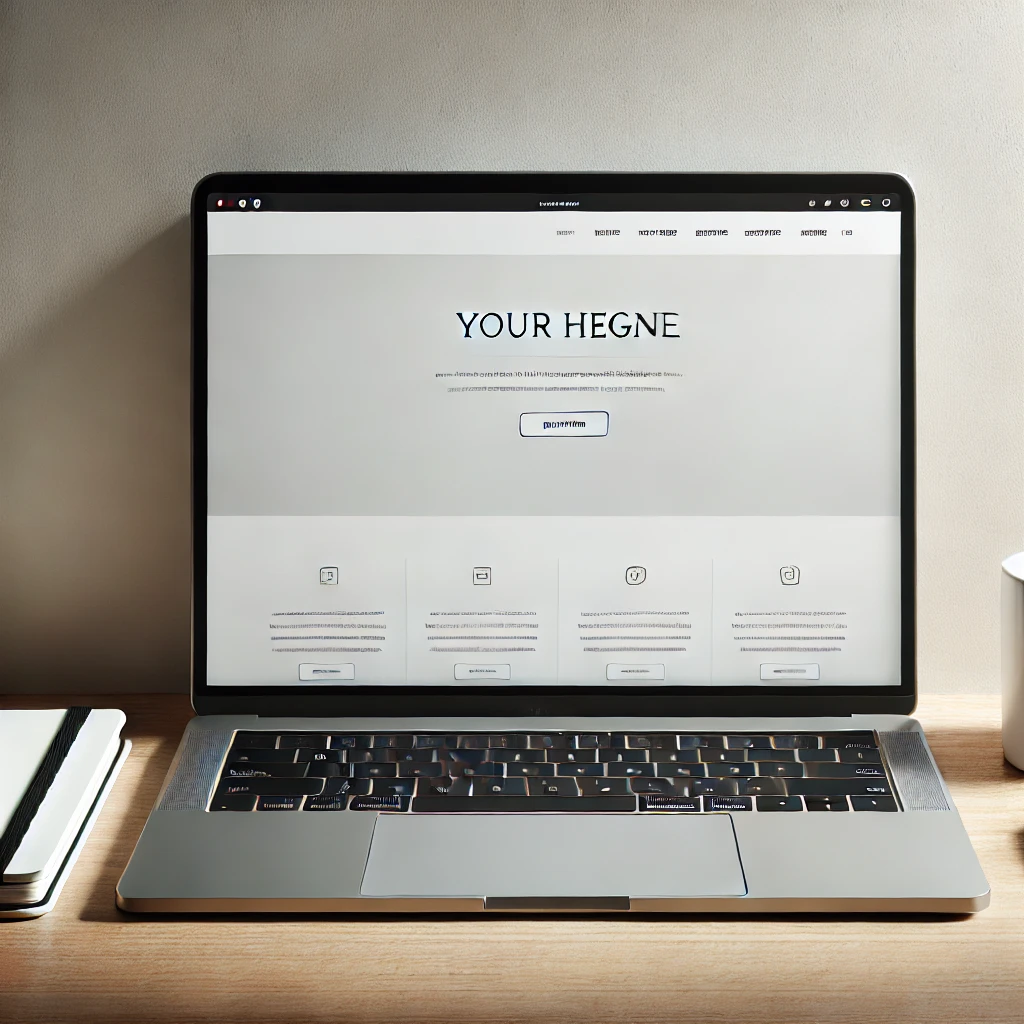 Laptop displaying a simple website homepage with a domain registration form