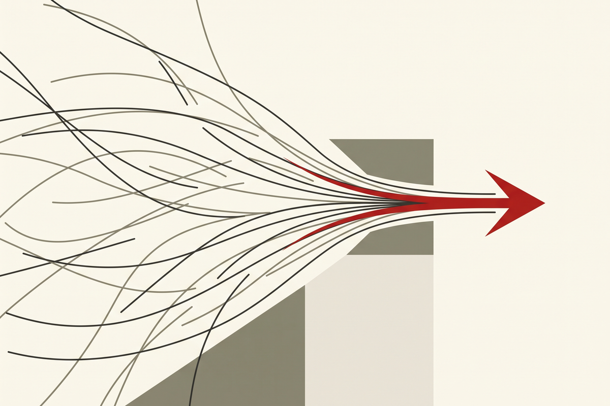 Abstract editorial illustration of scattered ink lines converging into a single sharp red arrow, representing specializing your skills in the AI era