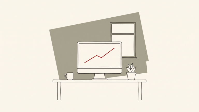 Editorial illustration: a desk at dawn with a single red rising line on the screen