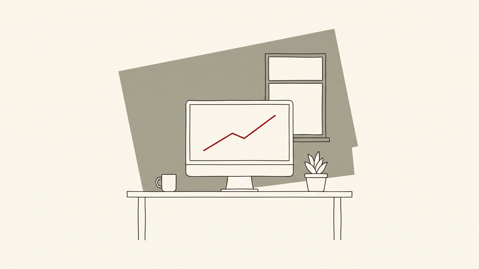 Editorial illustration: a desk at dawn with a single red rising line on the screen