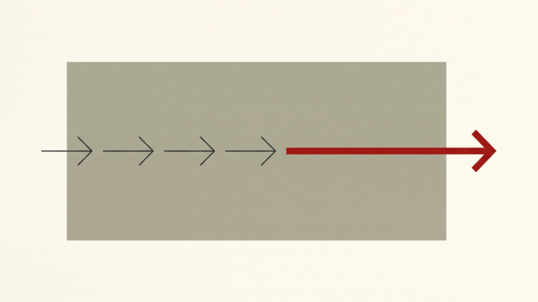 Editorial illustration: a row of short arrows with one red arrow reaching far beyond