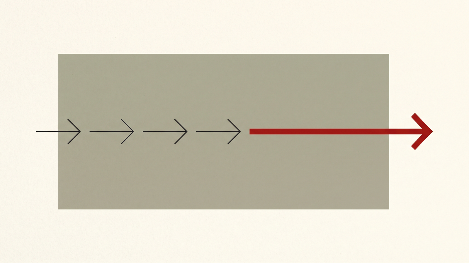 Editorial illustration: a row of short arrows with one red arrow reaching far beyond