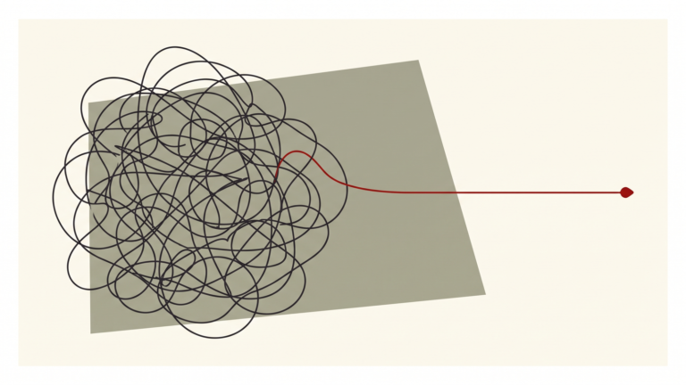 Editorial illustration: a tangled line resolving into one clean red path