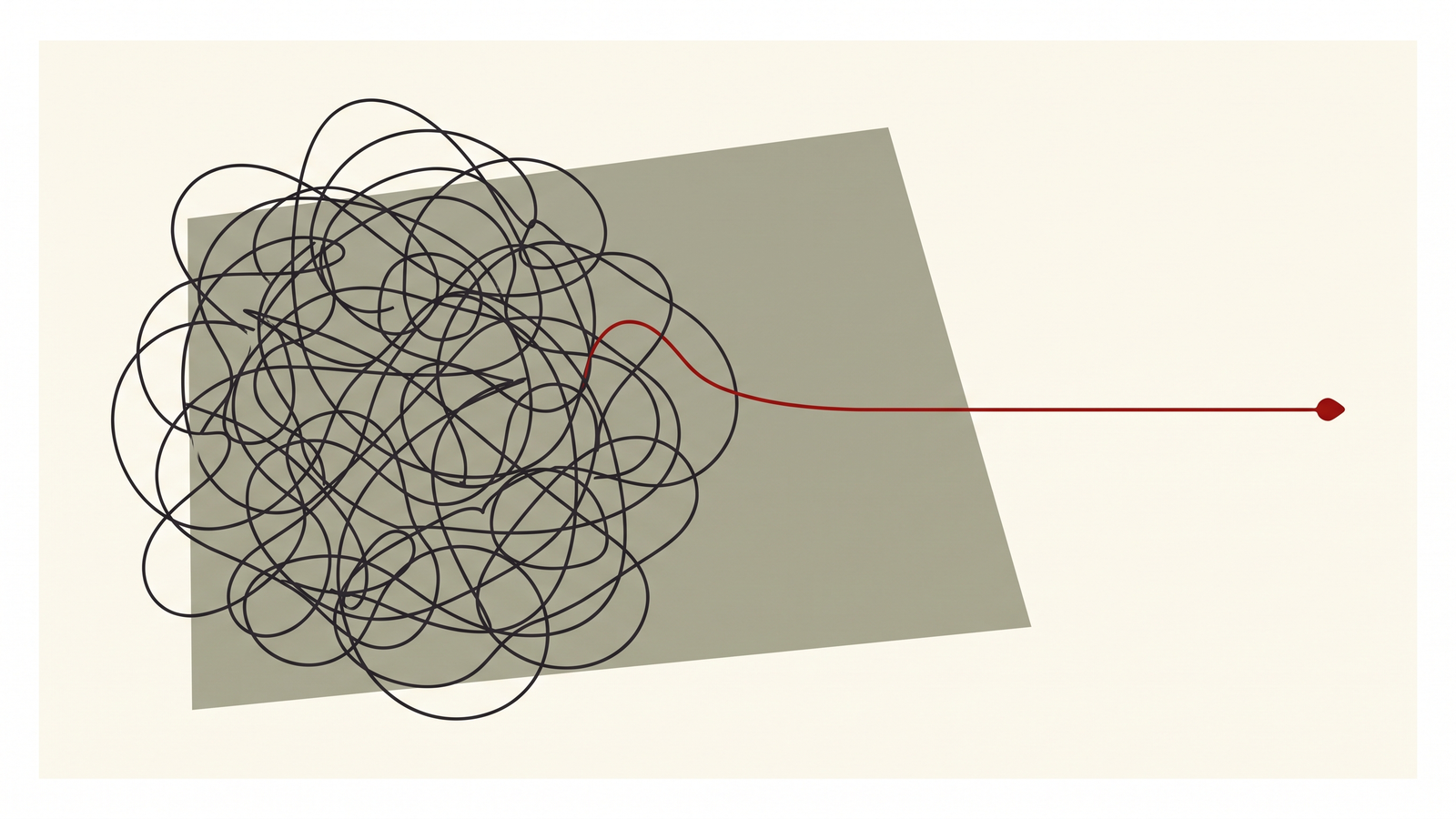 Editorial illustration: a tangled line resolving into one clean red path