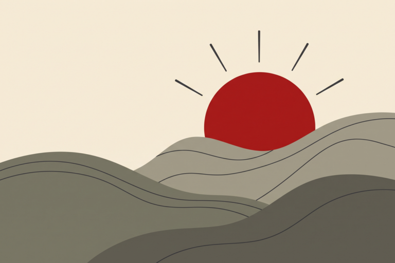 Abstract editorial illustration of a red sun rising over rolling olive-gray hills, representing choosing a great mood each day