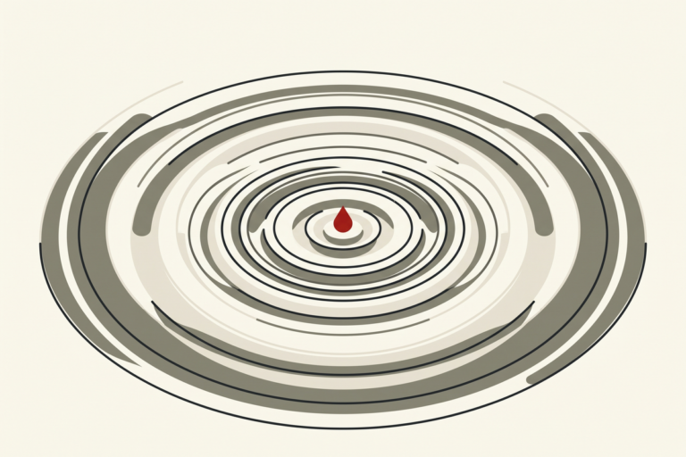 Abstract editorial illustration of a single red drop sending expanding ripples across still water, representing the compounding return of kindness in business
