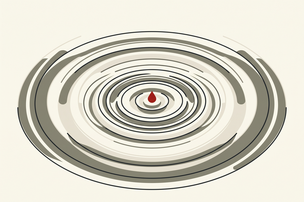 Abstract editorial illustration of a single red drop sending expanding ripples across still water, representing the compounding return of kindness in business