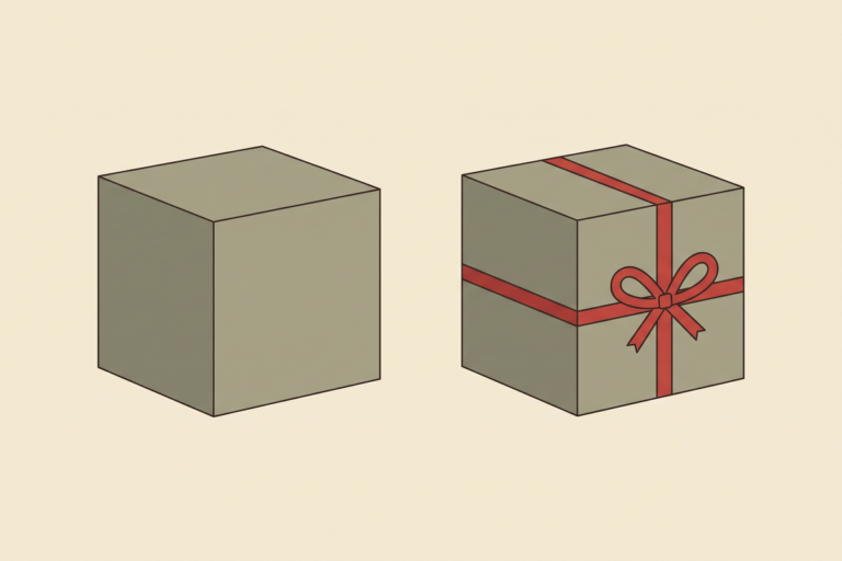 Abstract editorial illustration of two identical boxes, one plain and one wrapped with a red ribbon bow, representing how packaging sells an idea