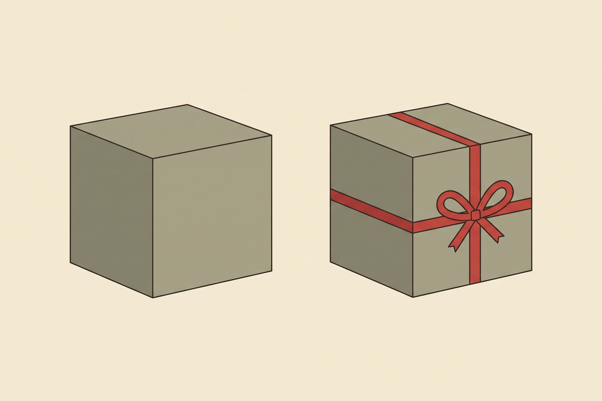 Abstract editorial illustration of two identical boxes, one plain and one wrapped with a red ribbon bow, representing how packaging sells an idea