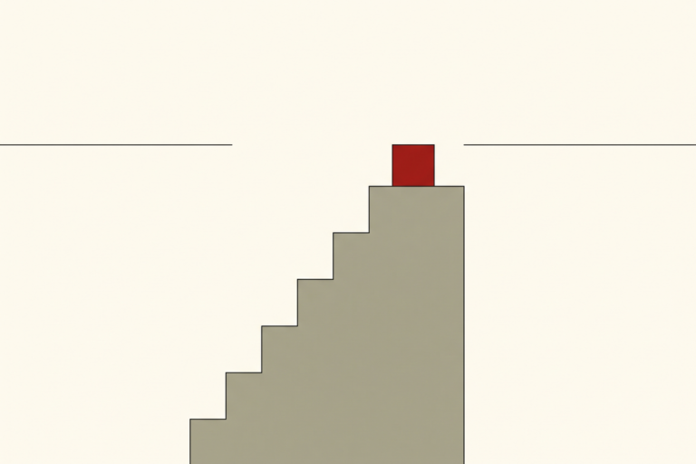 Flat editorial illustration of a gray staircase rising through a gap in a thin published line with a red block at its top, representing quiet stretches where the building continues