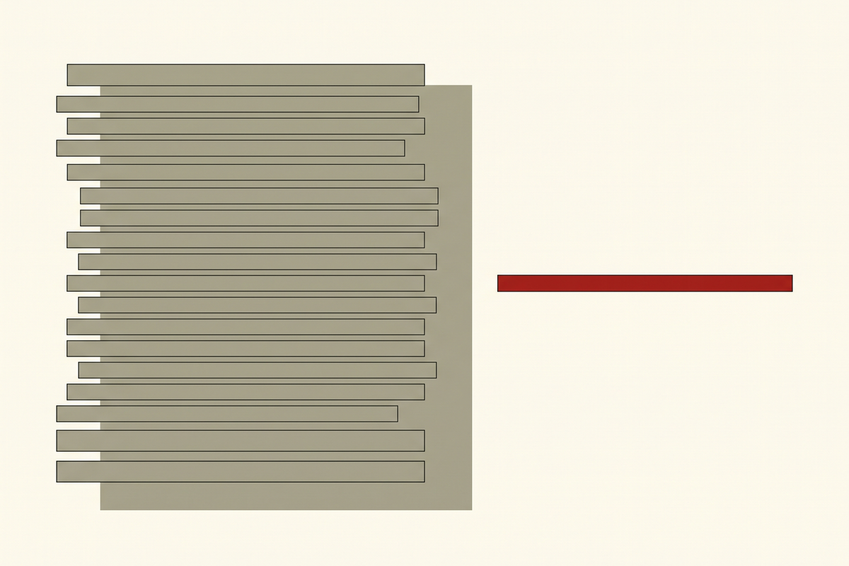 Flat editorial illustration of a dense stack of identical gray status bars beside one isolated red bar, representing the few automated messages that actually deserve attention