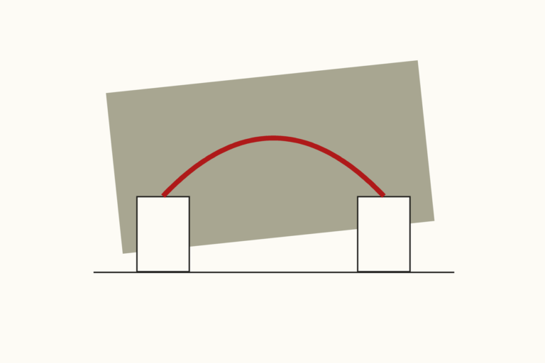 Flat editorial illustration of a red arch spanning the gap between two tall narrow piers on a ground line, set against a tilted olive-gray panel on a cream field.
