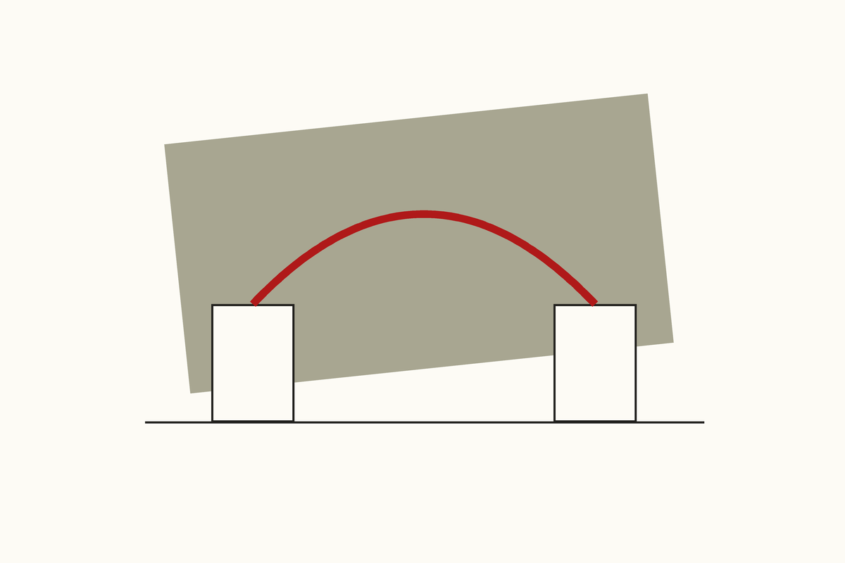 Flat editorial illustration of a red arch spanning the gap between two tall narrow piers on a ground line, set against a tilted olive-gray panel on a cream field.