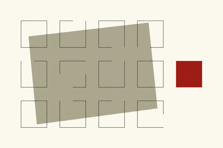 Flat editorial illustration of many unfinished outlined squares beside one complete solid red square, representing one finished thing beating ten rough ones