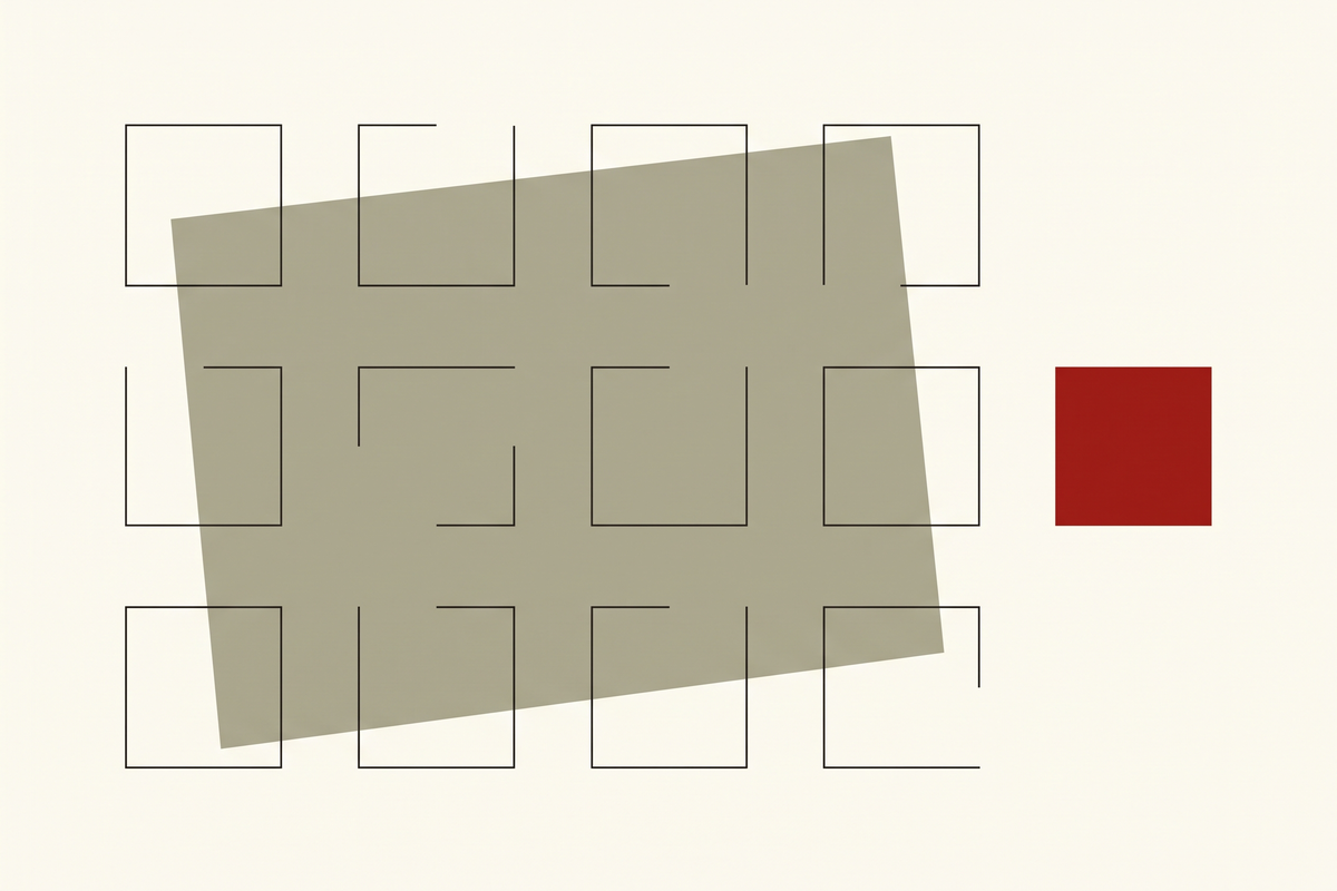 Flat editorial illustration of many unfinished outlined squares beside one complete solid red square, representing one finished thing beating ten rough ones