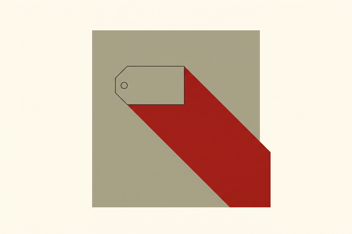 Flat editorial illustration of a small gray price tag casting an oversized solid red shadow, representing the hidden cost hiding behind a free tool