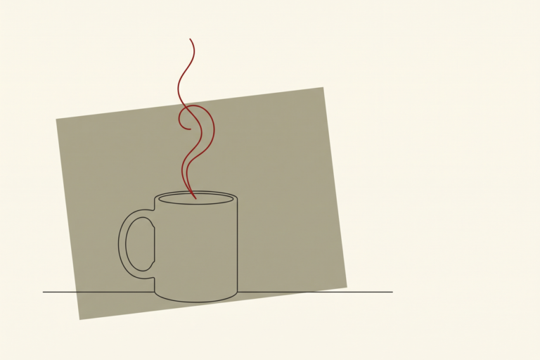 Flat editorial illustration of a line drawn coffee mug with a single red wisp of steam rising, representing the Saturday morning test for what you actually want to work on