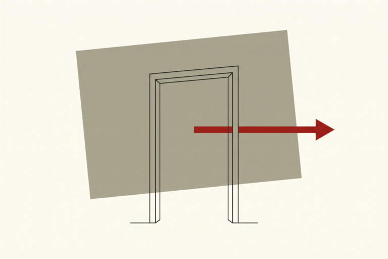 Flat editorial illustration of a free standing doorway with no walls and a single red arrow passing straight through it, representing that the permission you are waiting for does not exist