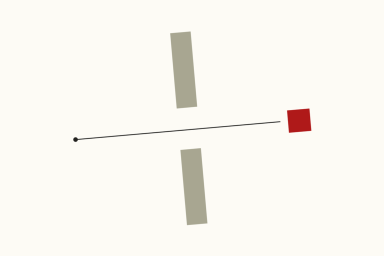 Flat editorial illustration of an olive-gray wall with an open gap, a thin line passing through it to a single red square on the far side, representing an assumption nobody checked