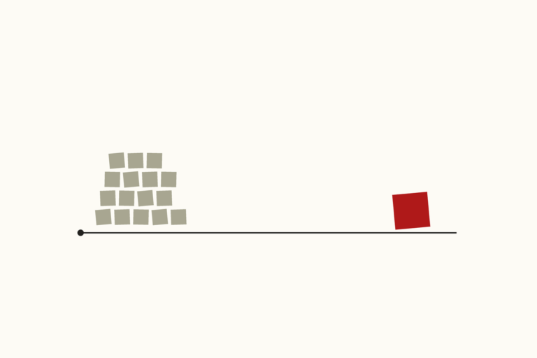 Flat editorial illustration of a crowded pile of small gray squares at the start of a thin line and one red square alone at the far end, representing one well timed message beating many ignored ones